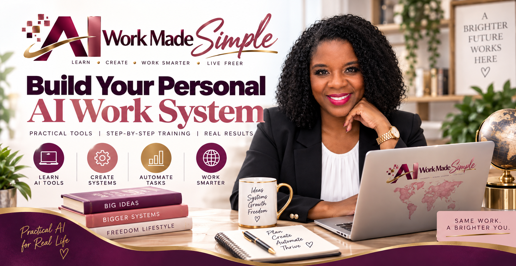 AI Work Made Simple course cover featuring Sonya T. Anderson at her laptop